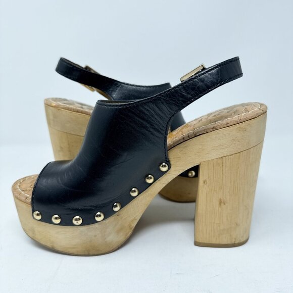 Sam Edelman Chunky Platform Sandals Womens 8.5M Black Leather Slingback Peep Toe - Picture 7 of 12